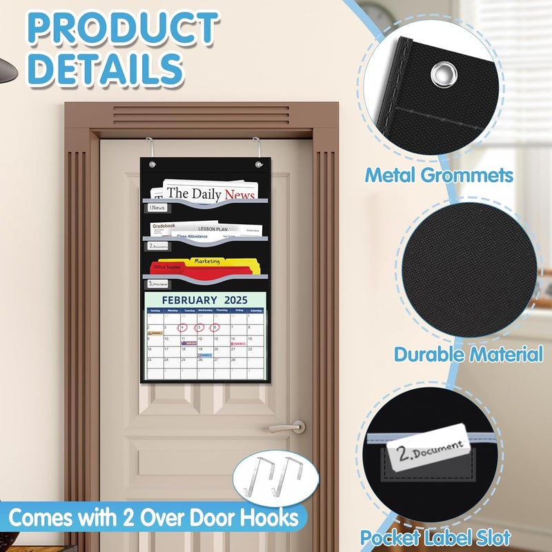 ALSLEA 4 Pockets Hanging Wall File Organizer 15" Extra Wide Pocket Chart for Classroom, Office, Home, Mail Organizer Wall Mounted with 1 Writable Clear Pocket, 5 Wall/ Door Hooks & 12 Labels (Black) - Image 2
